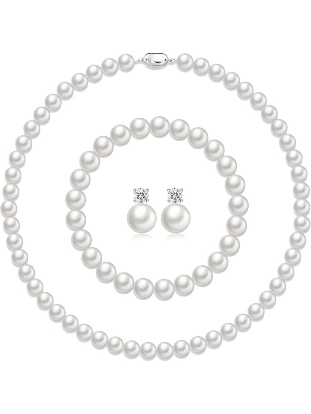 Elegant 8mm Pearl Necklace & Earring Bracelet Set - Perfect Gift for Weddings